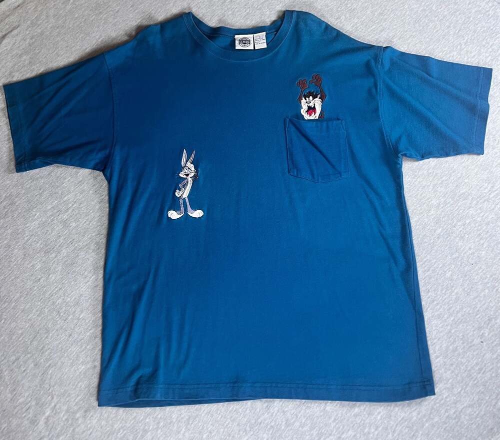 Vintage Looney Tunes Bugs Bunny and Taz Embroidered Pocket T-Shirt Blue XL